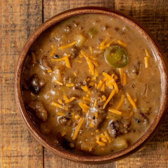 Cheesy Bratwurst Soup in bowl