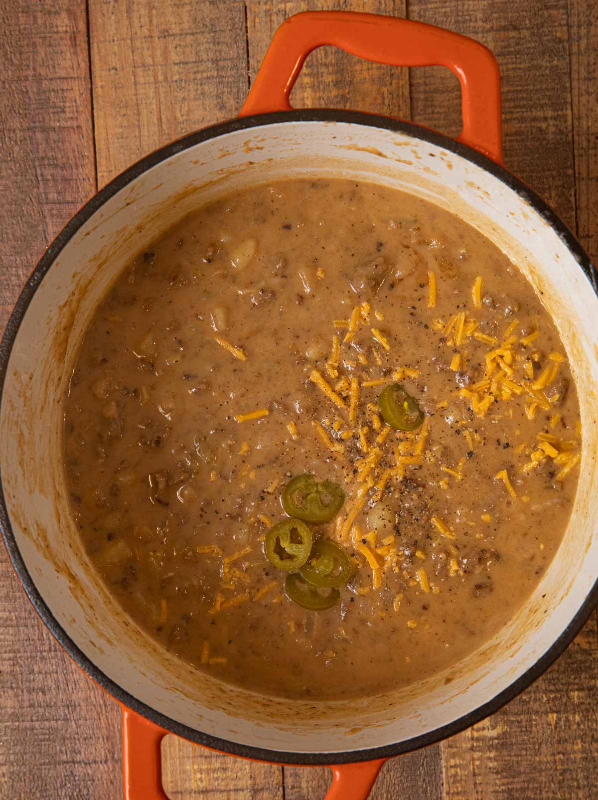Cheesy Bratwurst Soup in pot