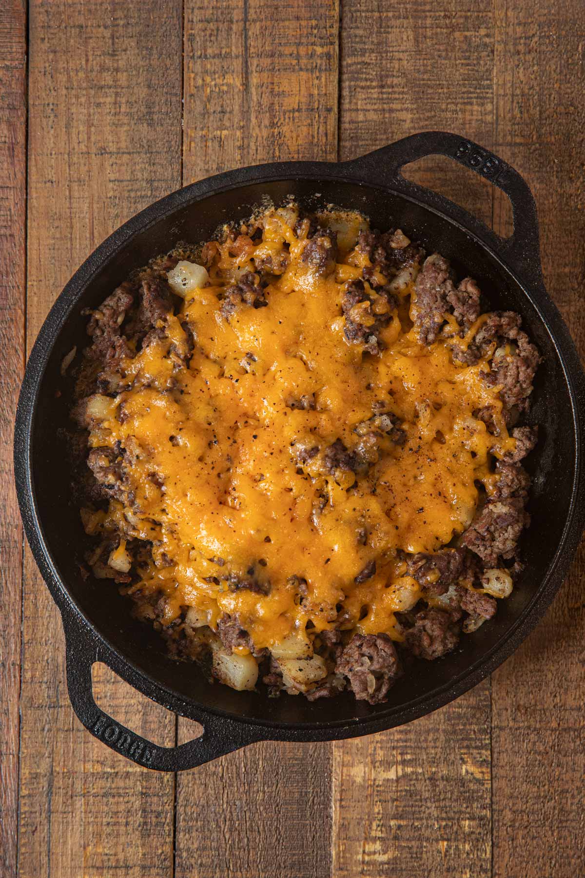 Cheesy Hamburger Hash in skillet