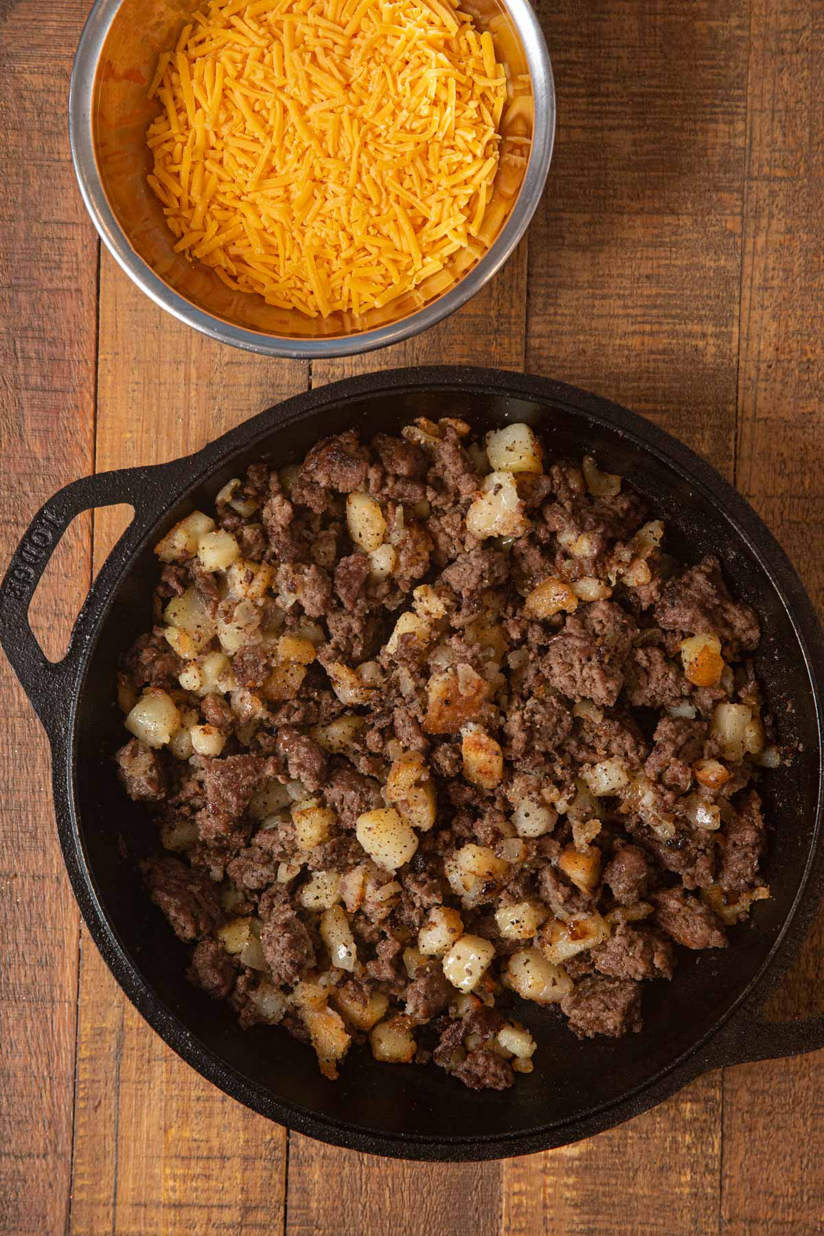 Cheesy Hamburger Hash in skillet without cheese topping