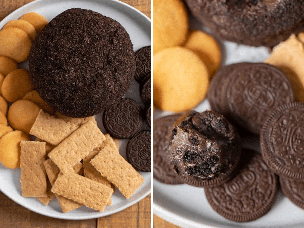 collage of cheese ball on plate and close up of dip 