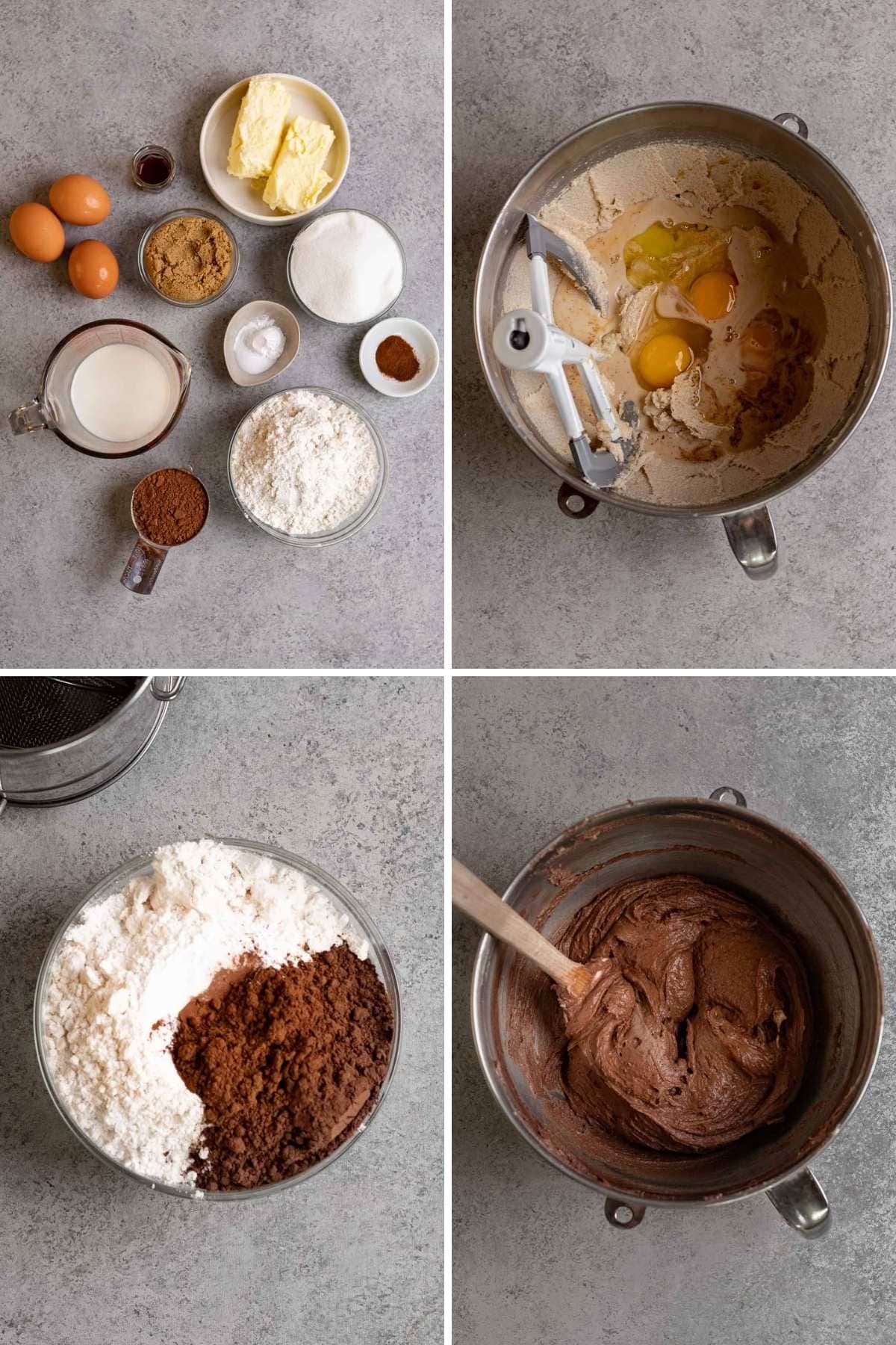 Collage of prep steps for Wet ingredients in mixing bowl with paddle attachment for Chocolate Pound Cake