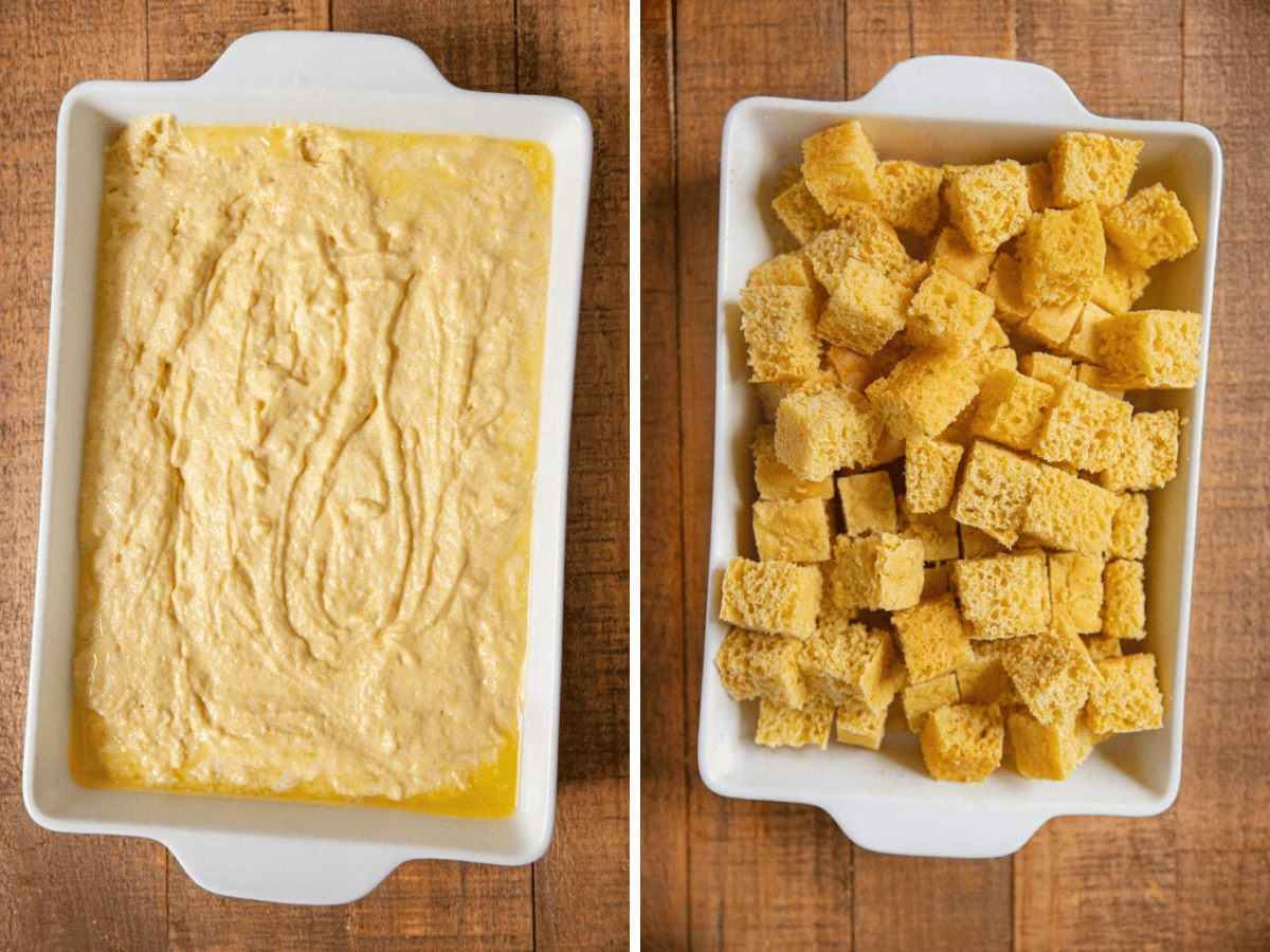 collage of before cooking cornbread and after 