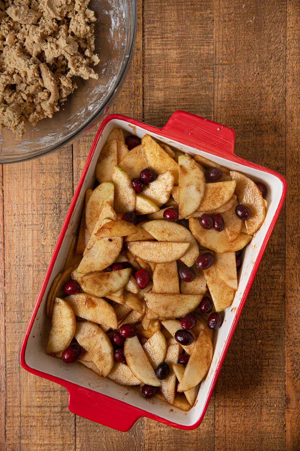 Apple Cranberry Crisp apples and cranberries in baking dish