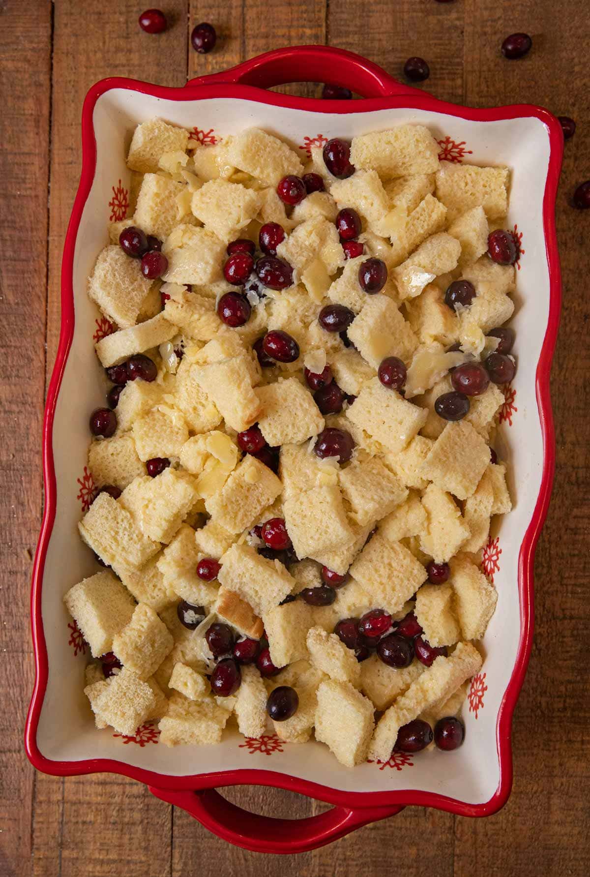 Cranberry Bread Pudding in baking dish before baking