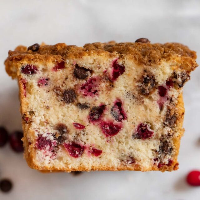 top-down view of Cranberry Chocolate Chip Bread slices in stack