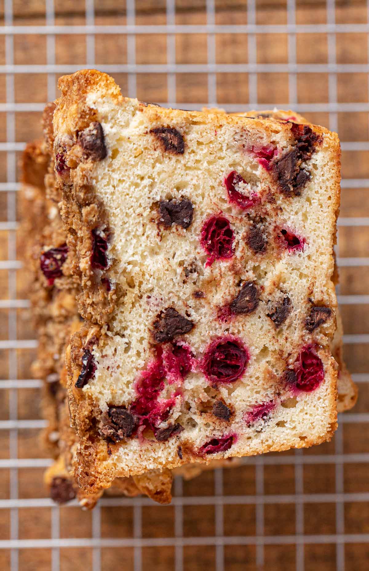 top-down view of Cranberry Chocolate Chip Bread slices in stack