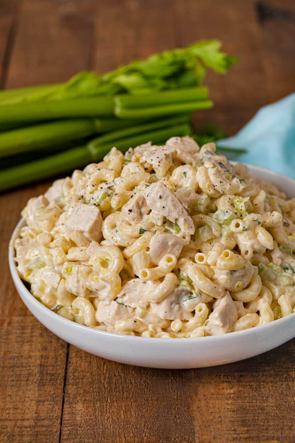 Creamy Chicken Pasta Salad in bowl with celery