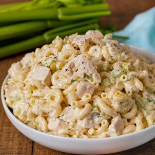 Creamy Chicken Pasta Salad in bowl with celery