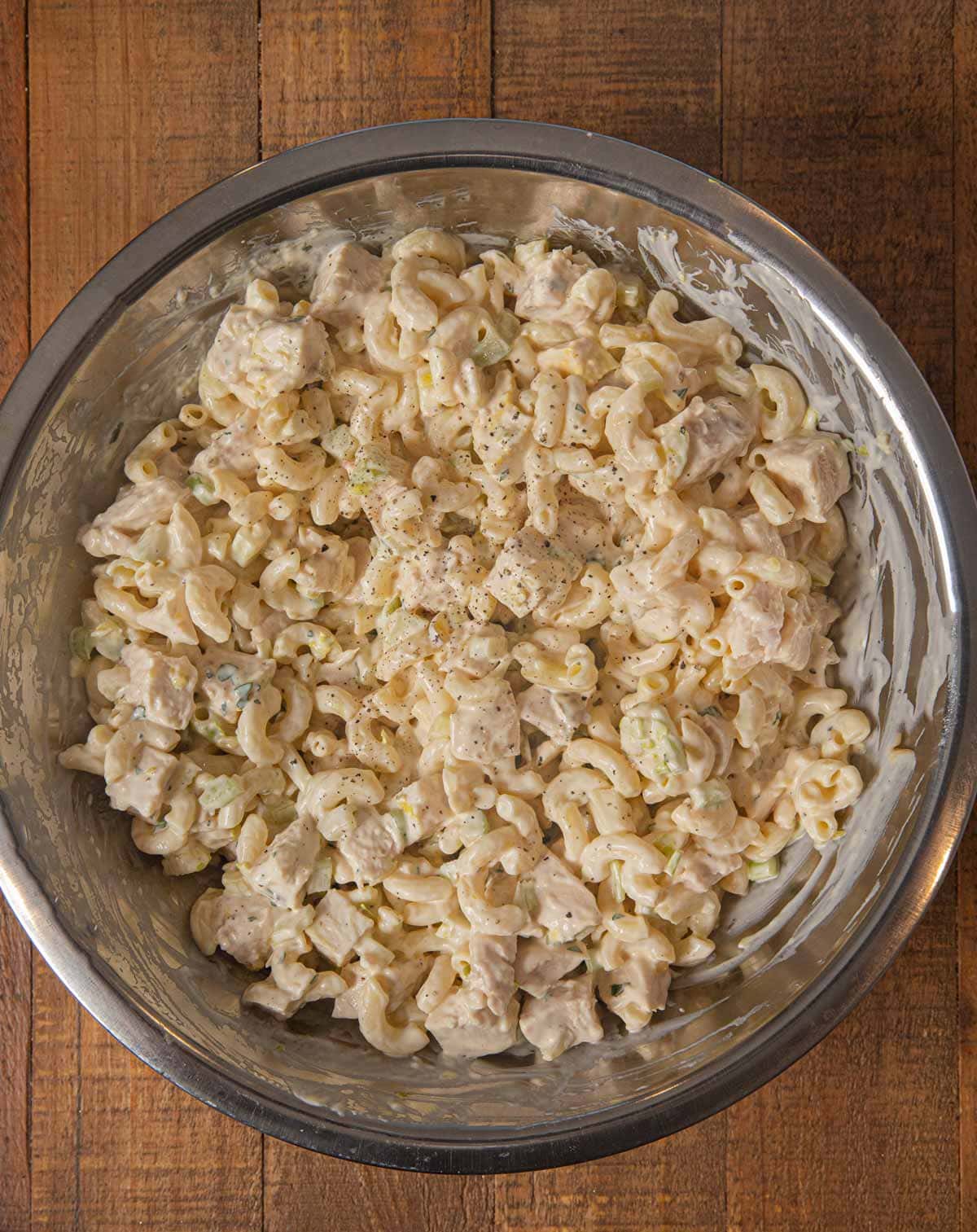 Creamy Chicken Pasta Salad in mixing bowl