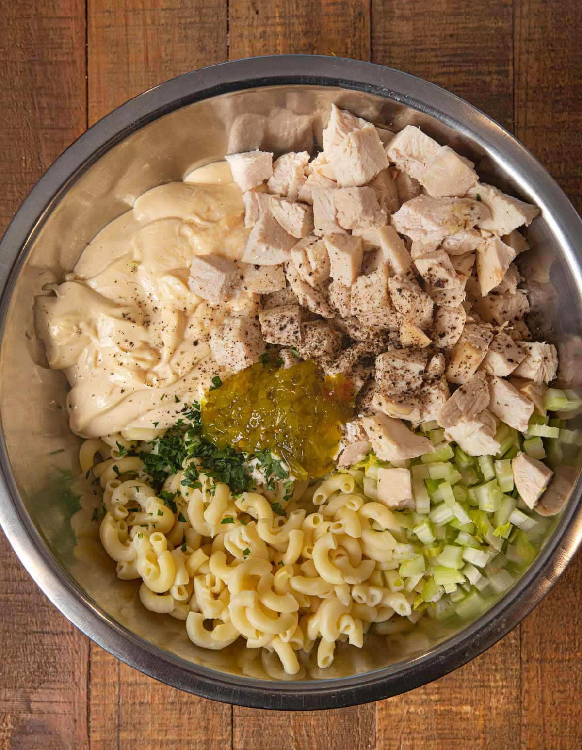 Creamy Chicken Pasta Salad ingredients in mixing bowl