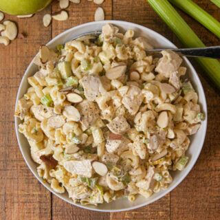 top down photo of Curried Chicken Pasta Salad in white bowl