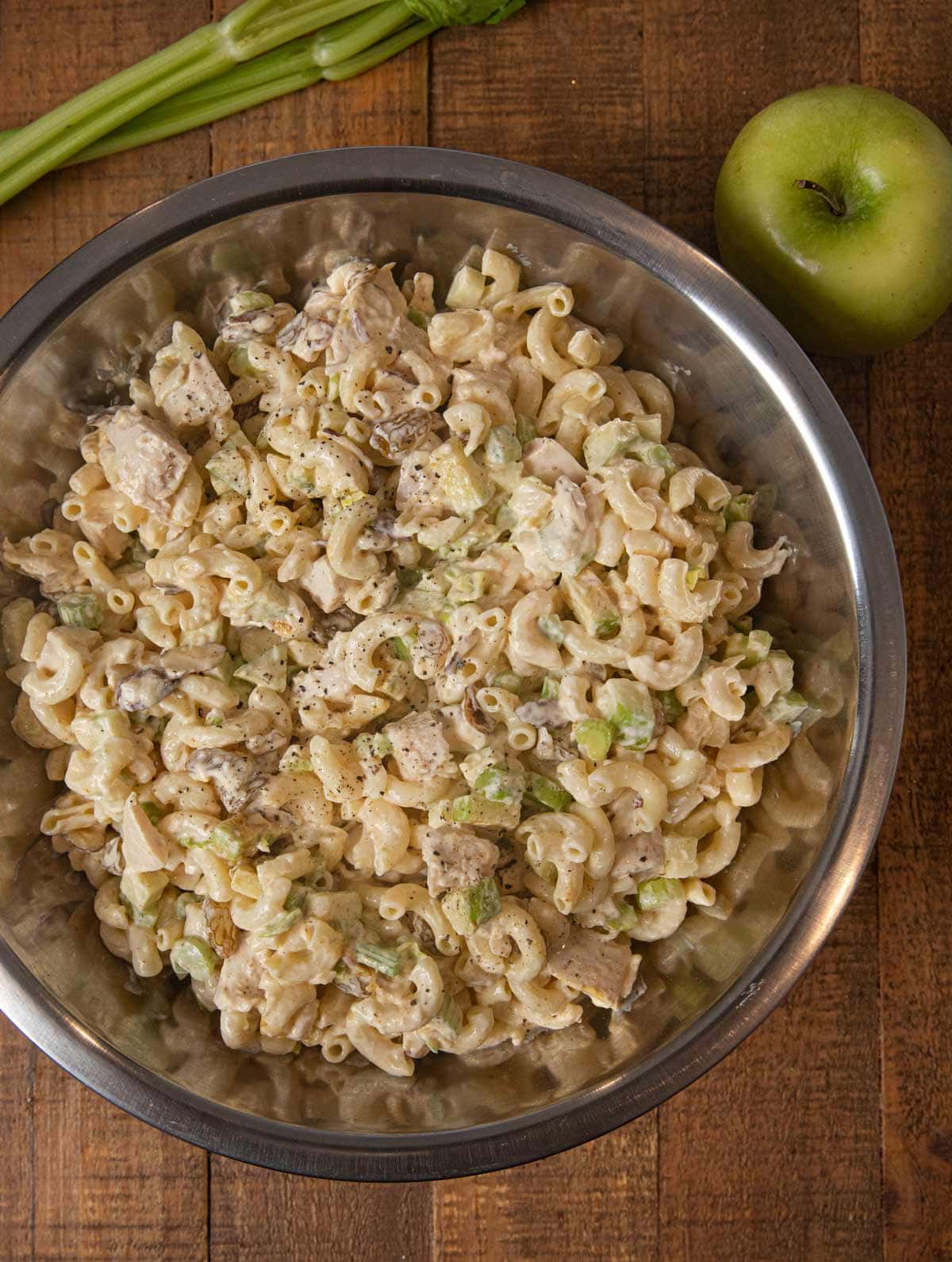 Curried Chicken Pasta Salad mixed in mixing bowl