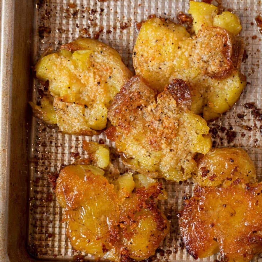 Garlic Smashed Potatoes on baking sheet