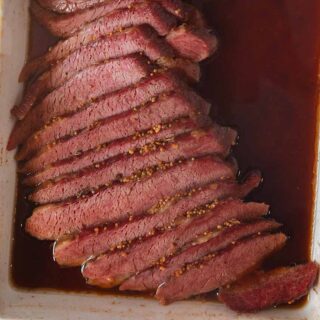 Guinness Corned Beef sliced in baking dish