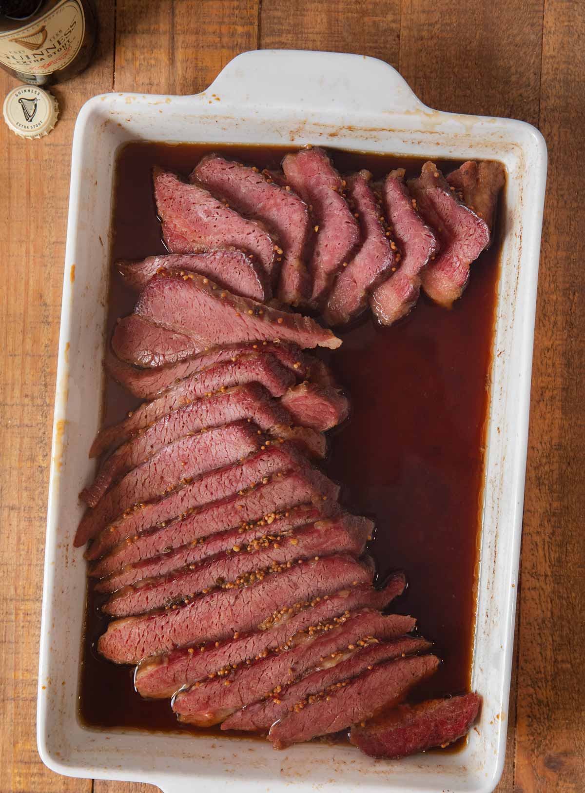 Guinness Corned Beef sliced in baking dish