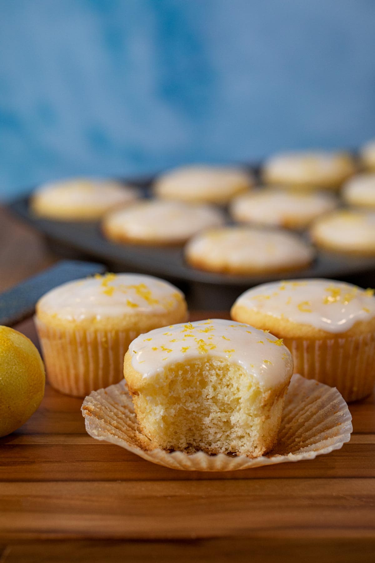 Iced Lemon Muffin with bite removed