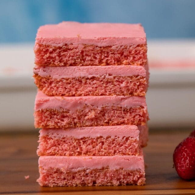 Iced Strawberry Brownies in stack