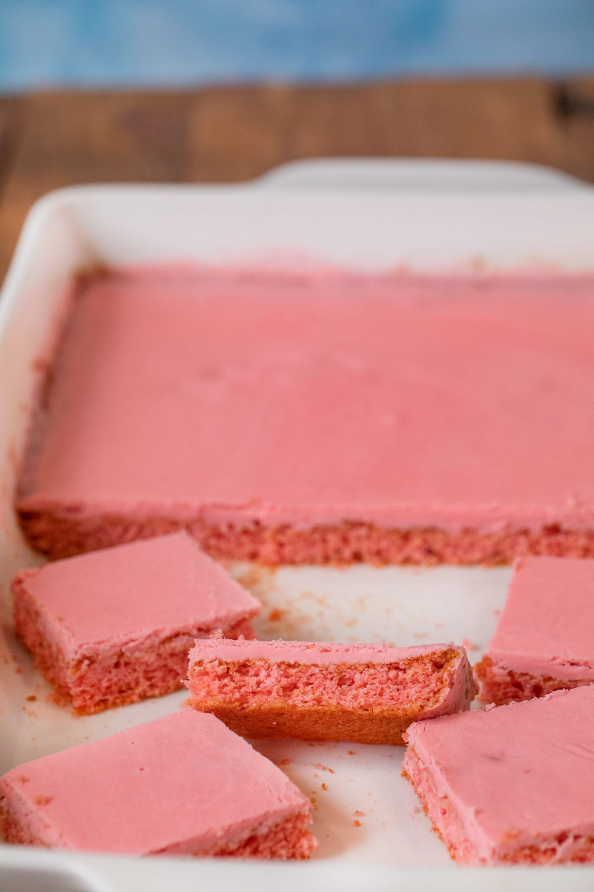 Iced Strawberry Brownies in baking dish