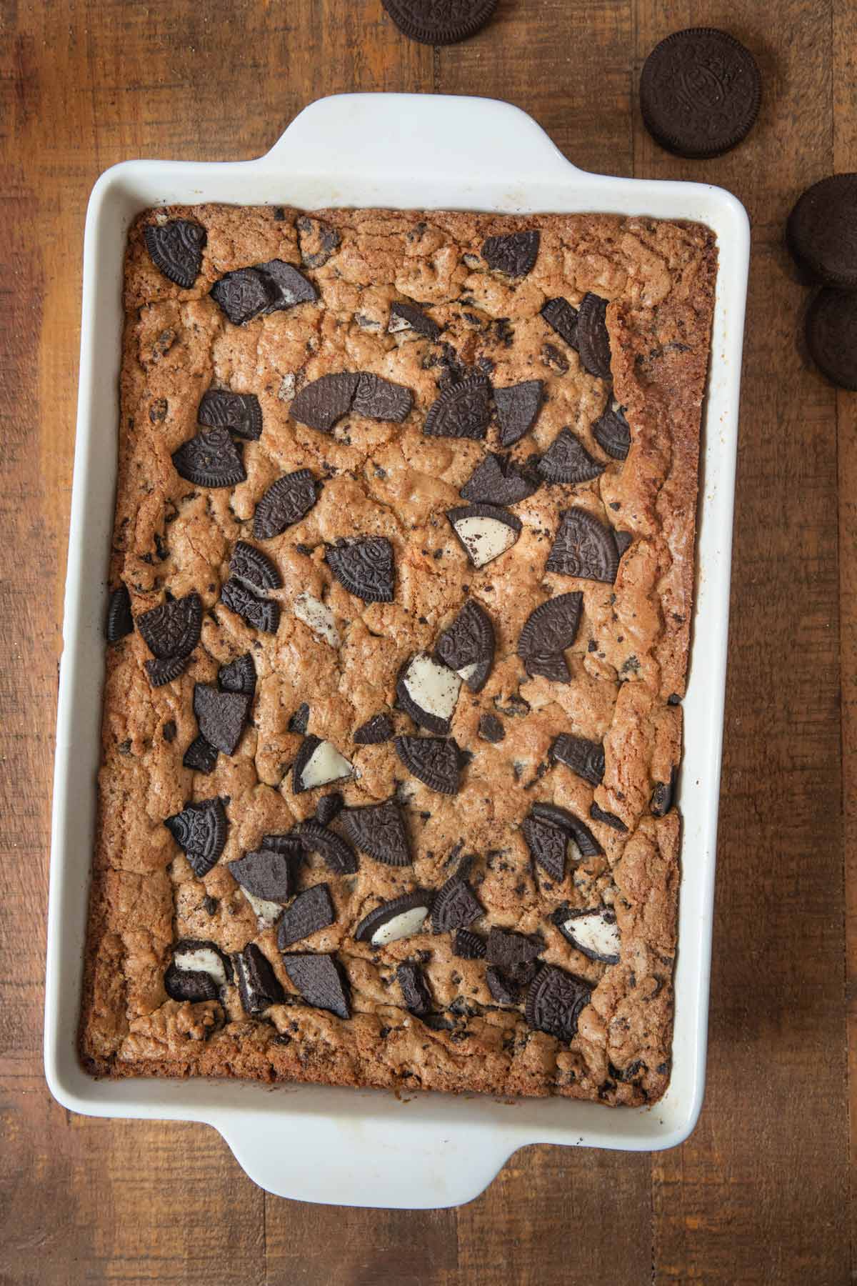 top-down view of Oreo Blondies in baking dish