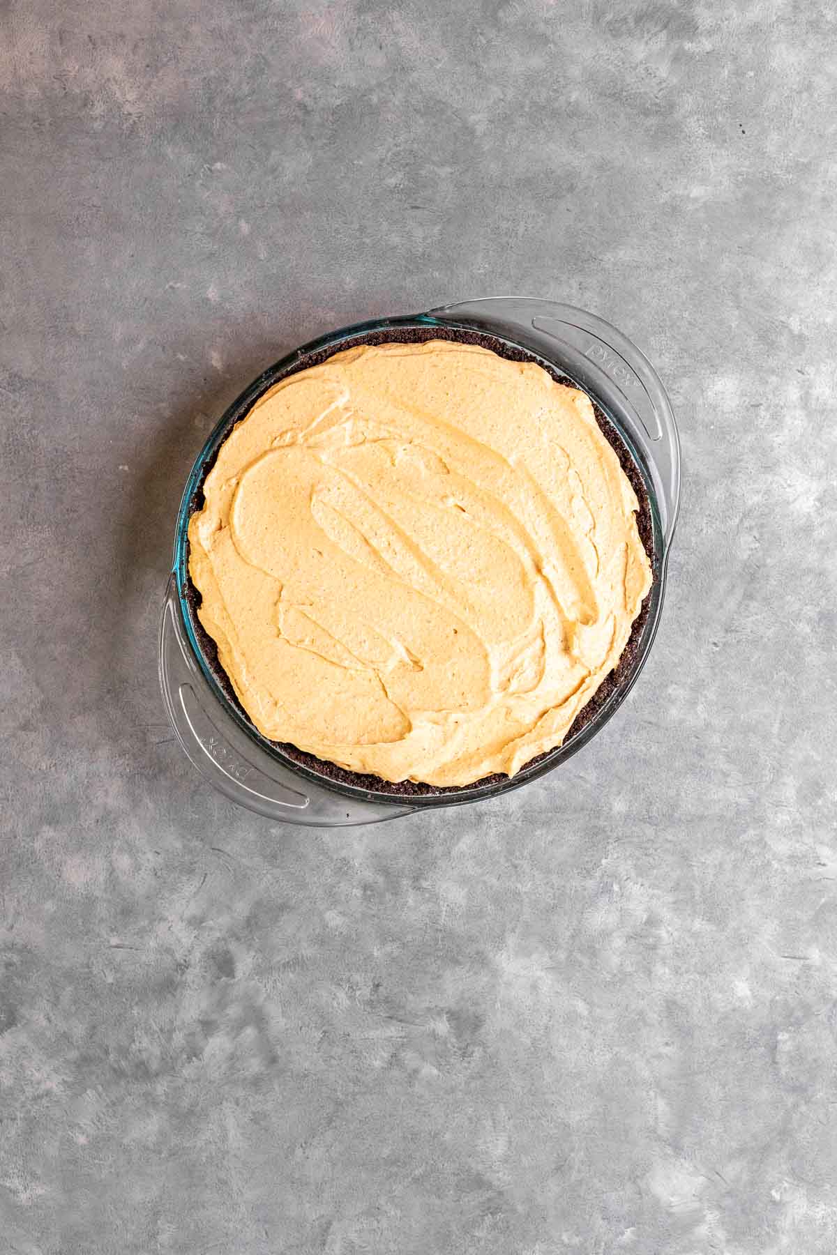 Chocolate Oreo Pumpkin Whip Pie in pie dish