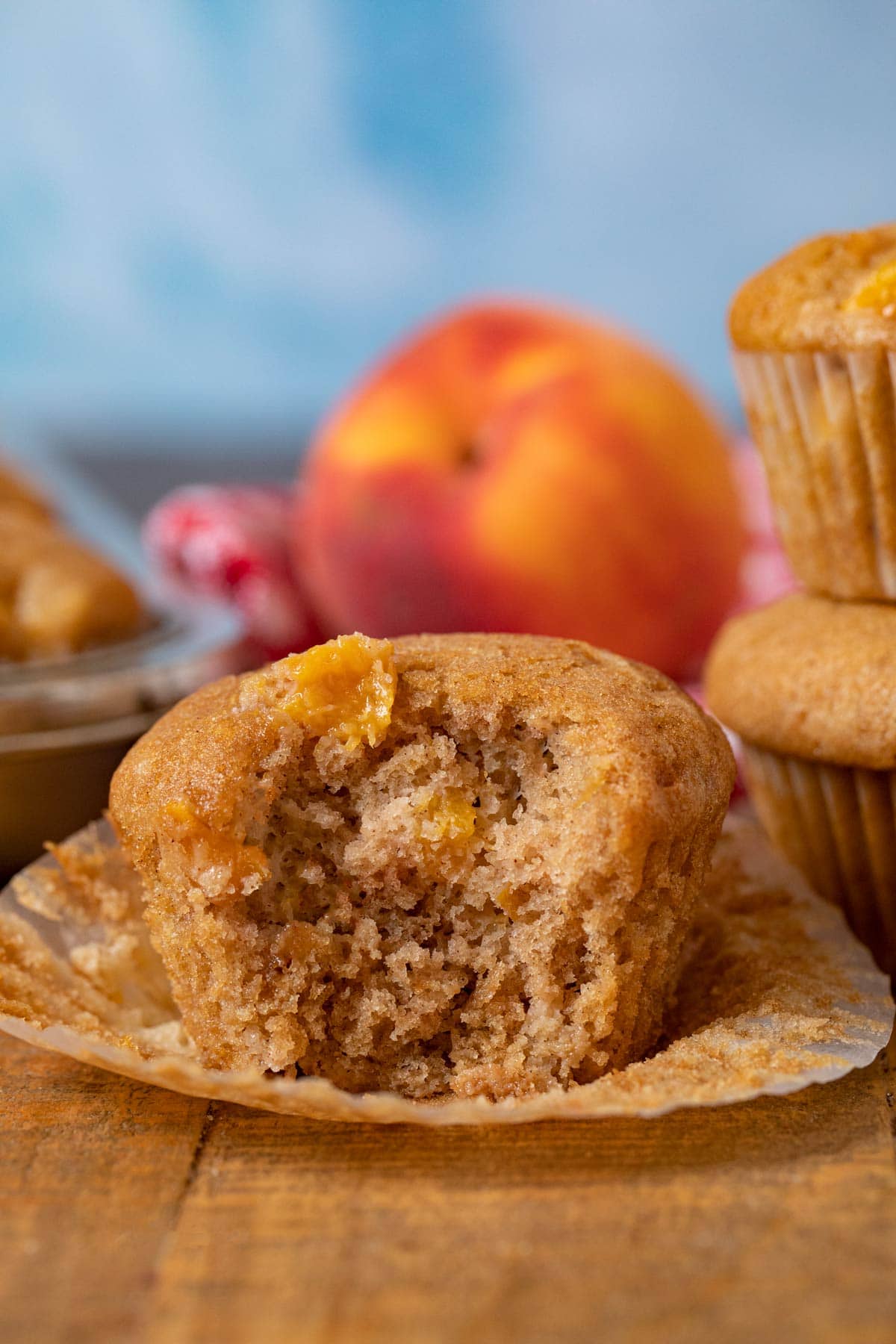 Peach Muffin with bite removed