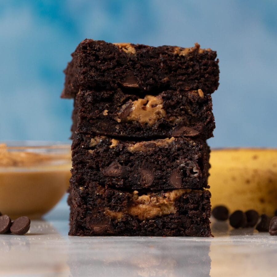 Peanut Butter Chocolate Banana Brownies in stack
