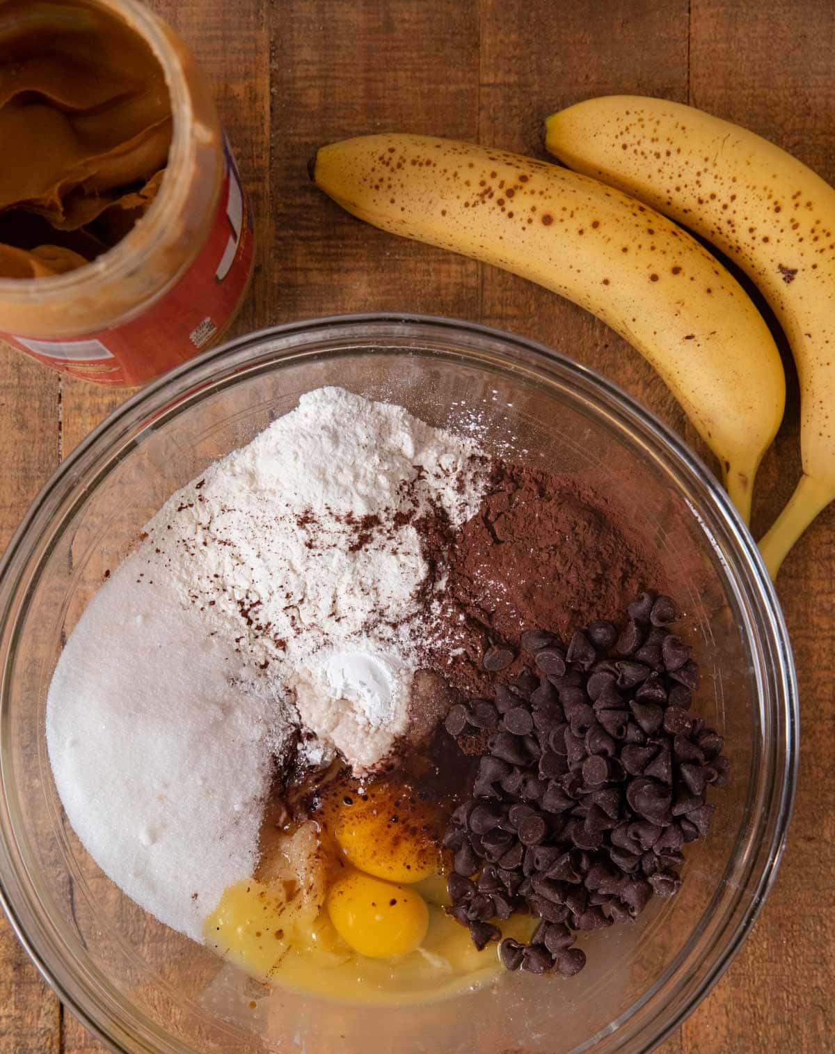 Peanut Butter Chocolate Banana Brownies ingredients in bowl