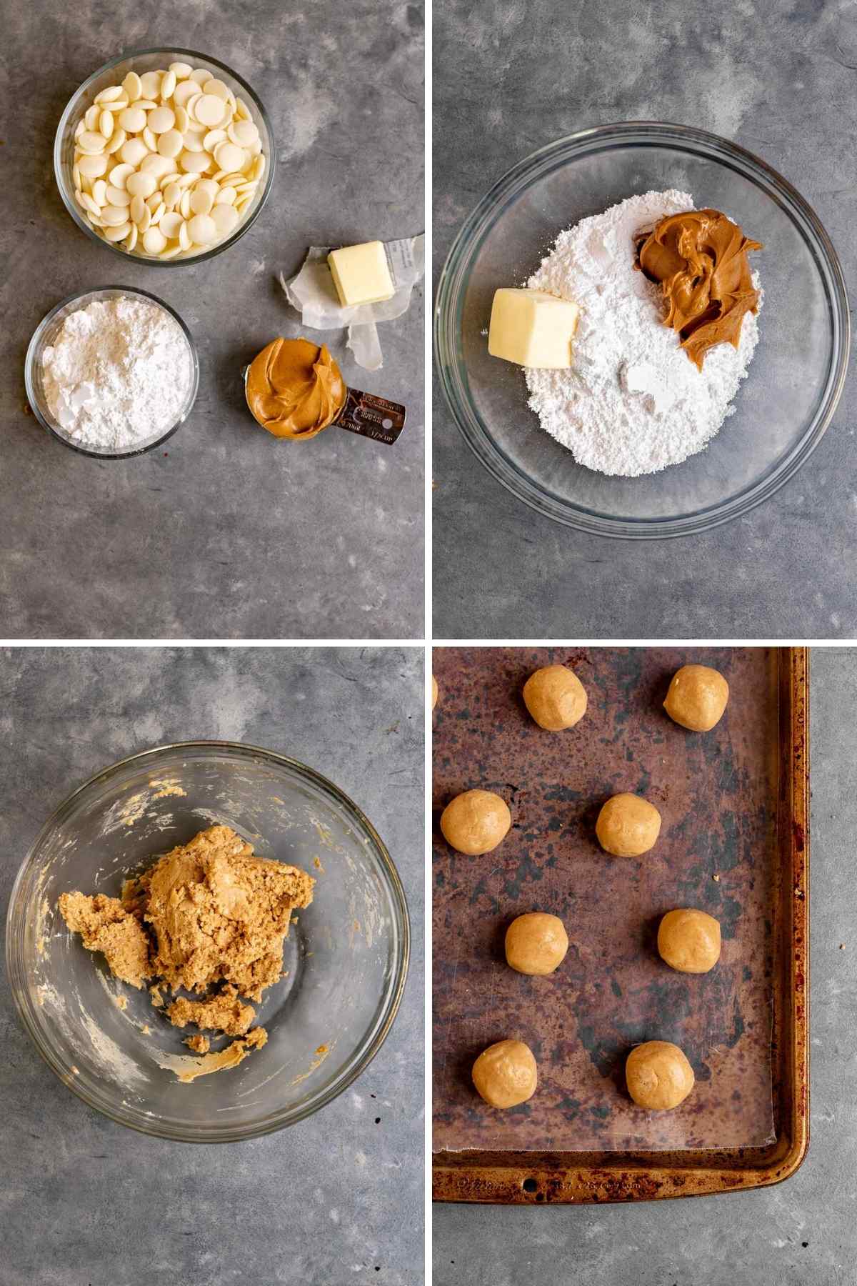 Peanut Butter Snowballs collage of prep steps