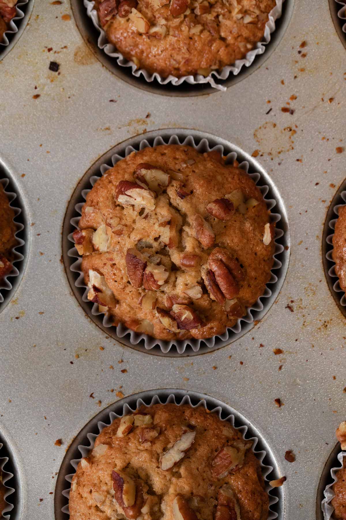 close-up of Pecan Muffins in cupcake tin