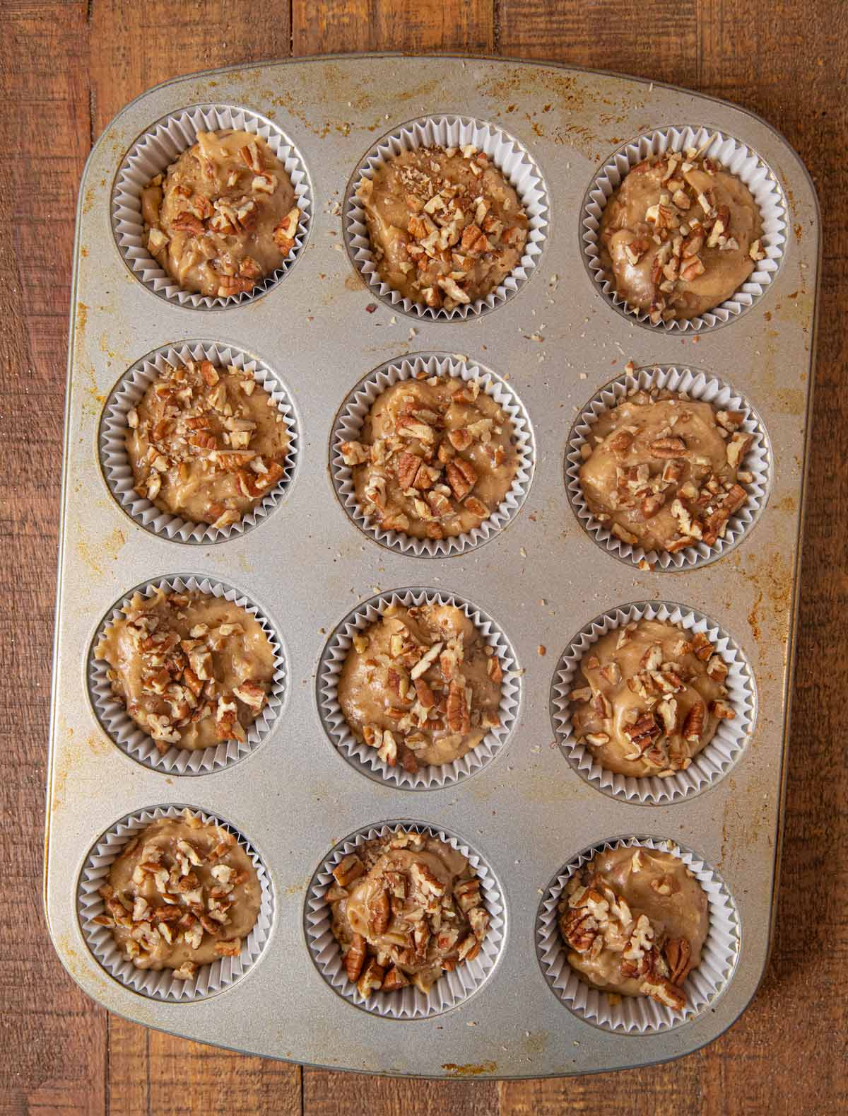 Pecan Muffins batter in cupcake tin