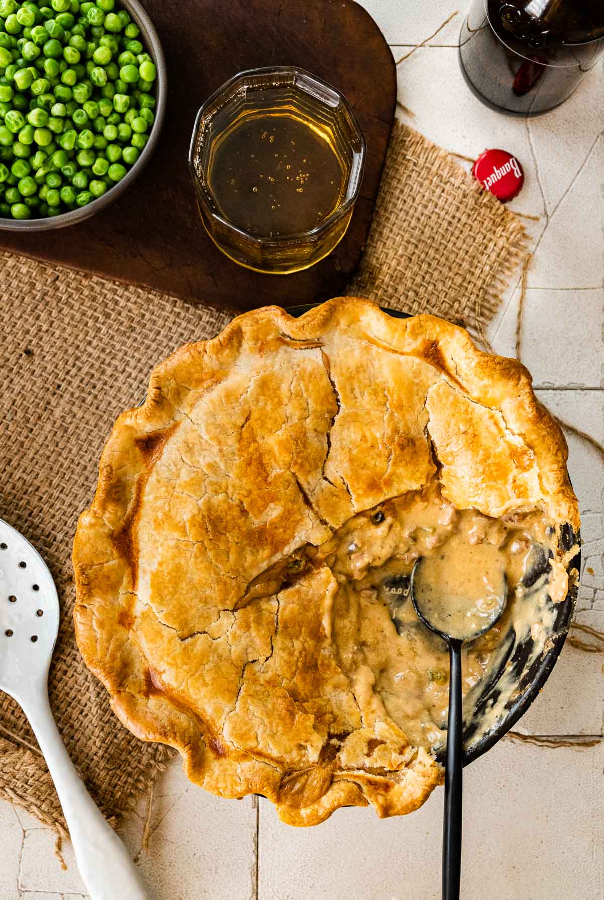 Philly Cheesesteak Pot Pie sliced open with spoon