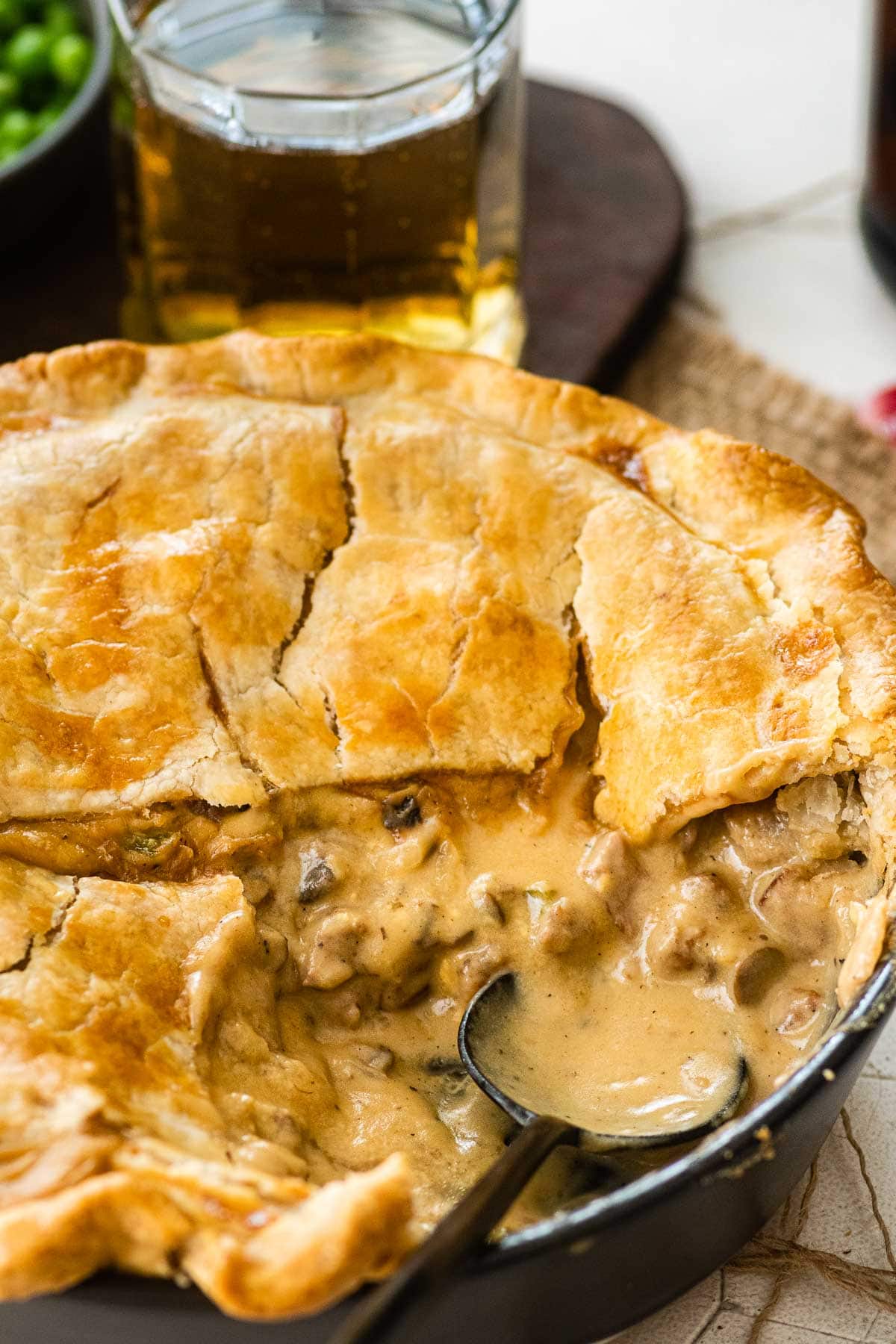 Philly Cheesesteak Pot Pie sliced open with spoon