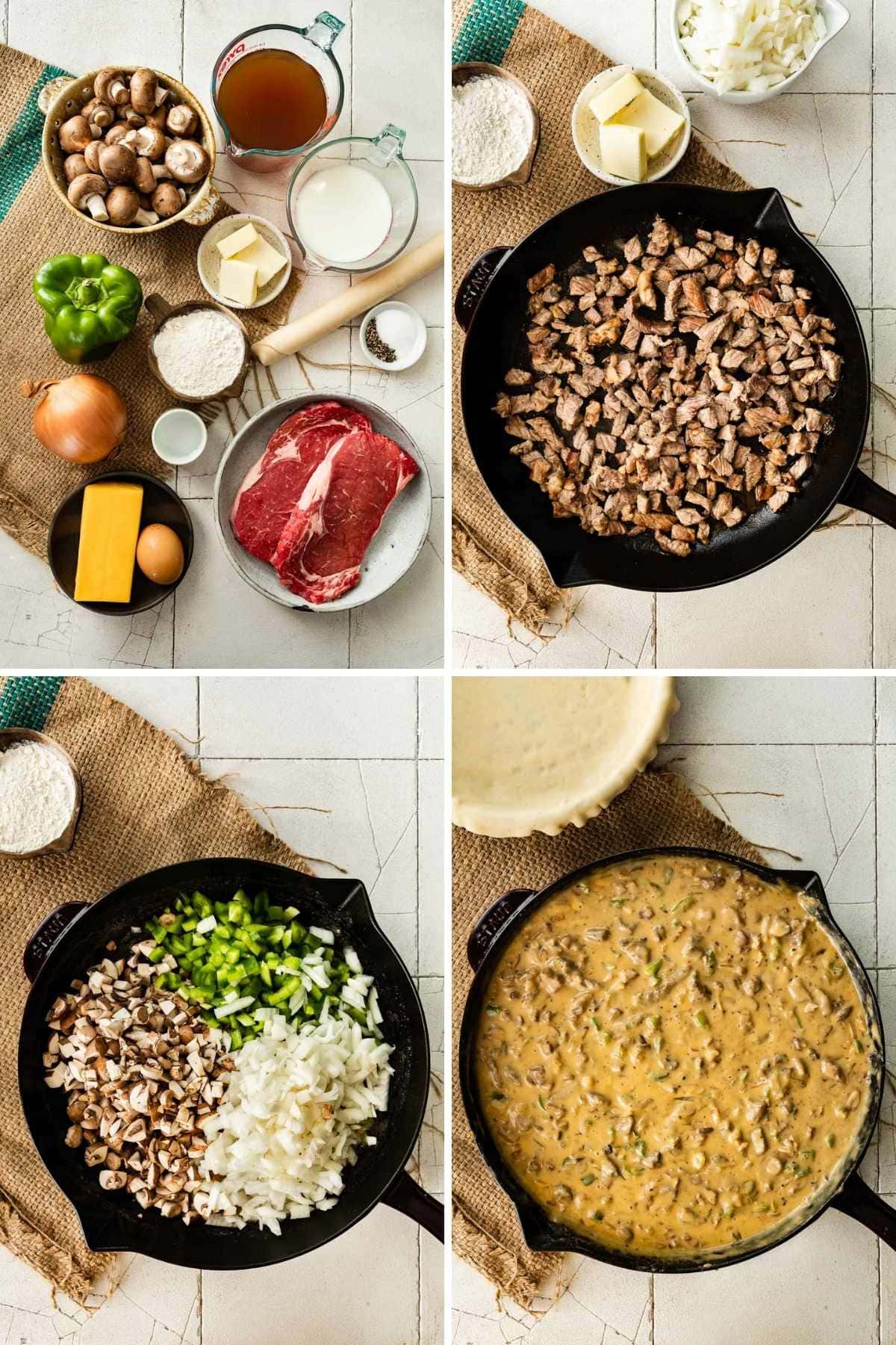 Collage of filling prep steps for Philly Cheesesteak Pot Pie