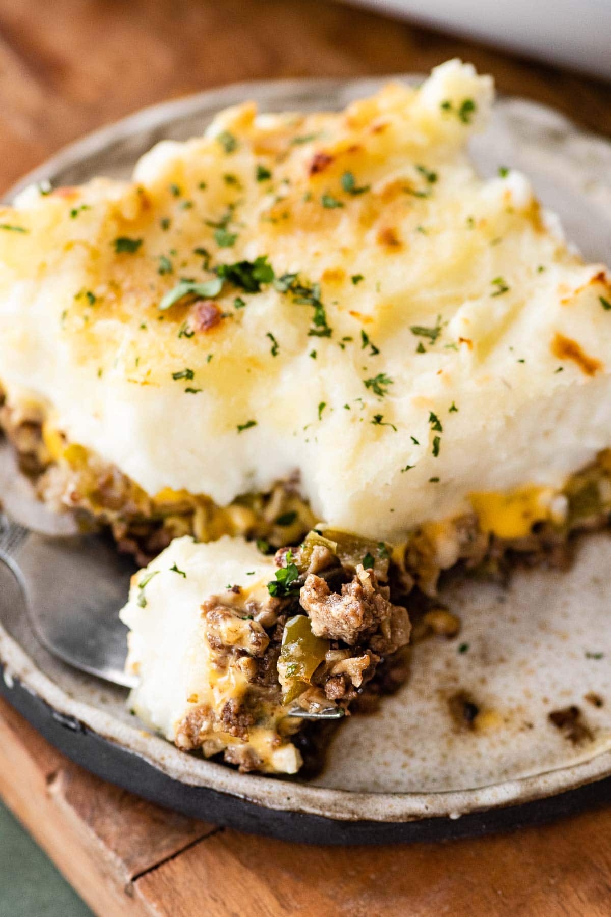 Philly Cheesesteak Shepherd's Pie served on a plate