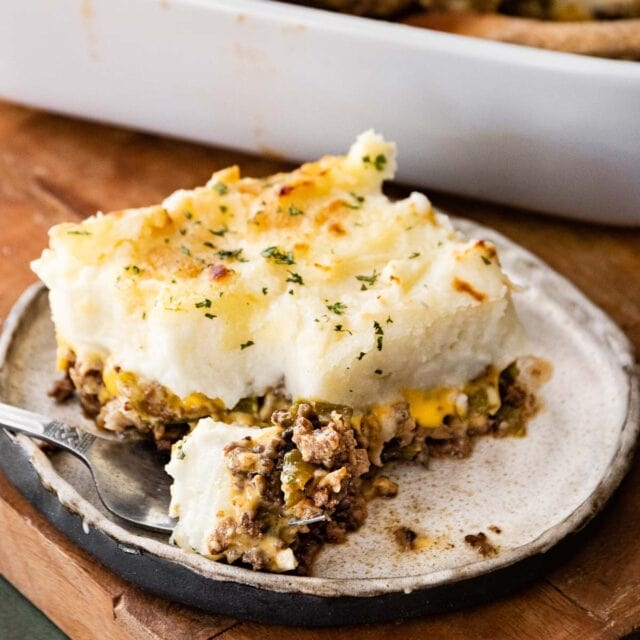Philly Cheesesteak Shepherd's Pie served on a plate