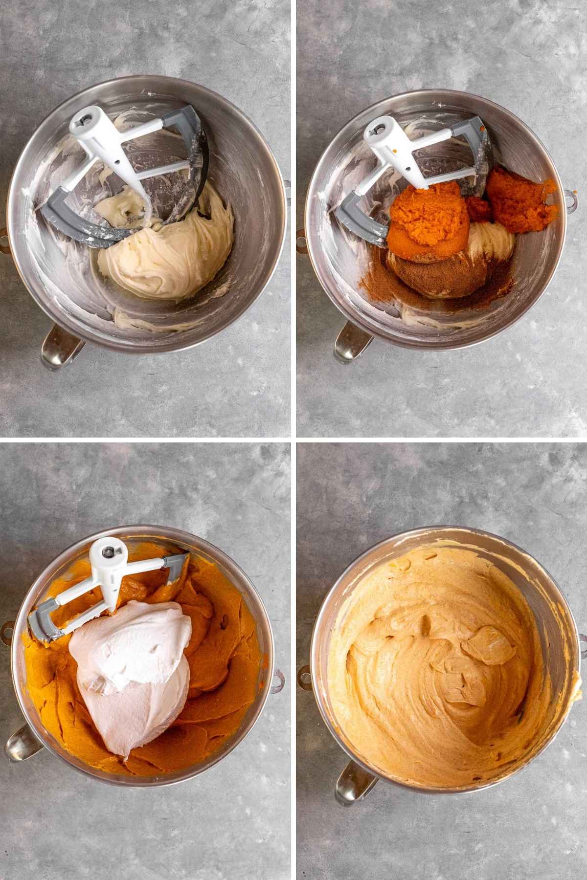 Collage of prep steps for filling Chocolate Oreo Pumpkin Whip Pie