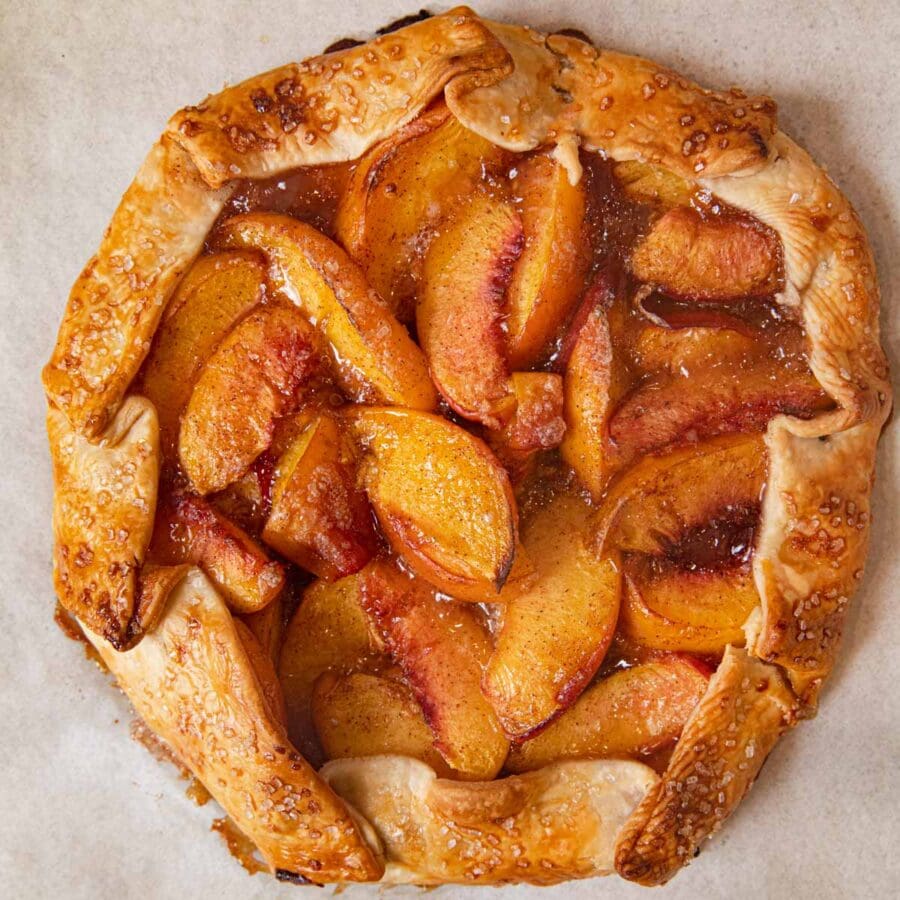 Rustic Peach Galette on baking sheet