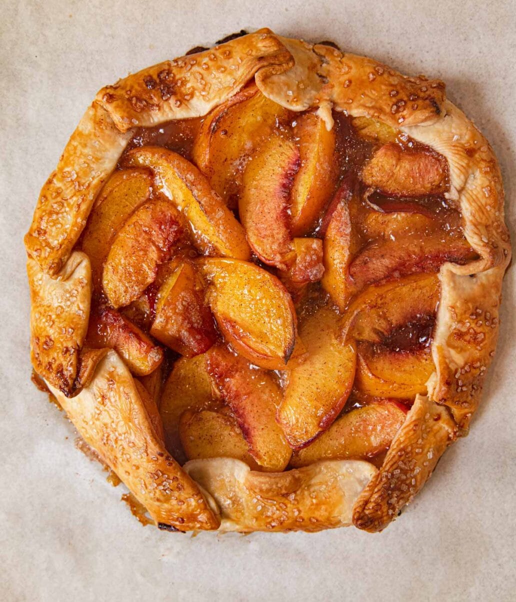 Rustic Peach Galette on baking sheet