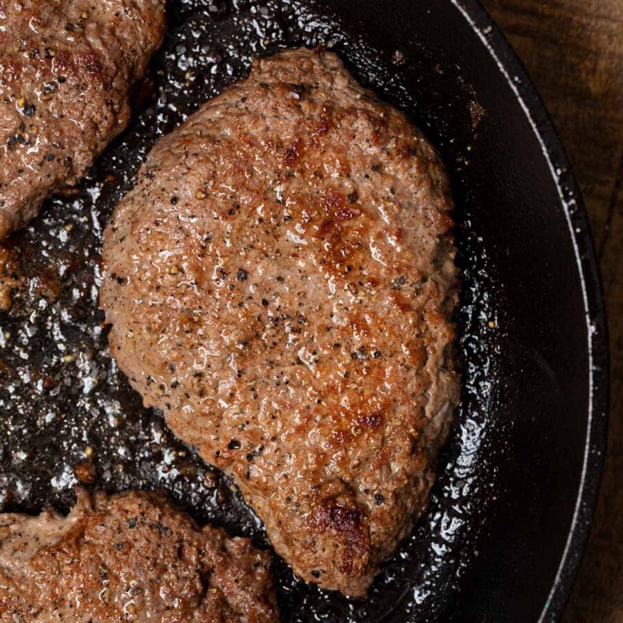 Seared Cube Steaks in skillet