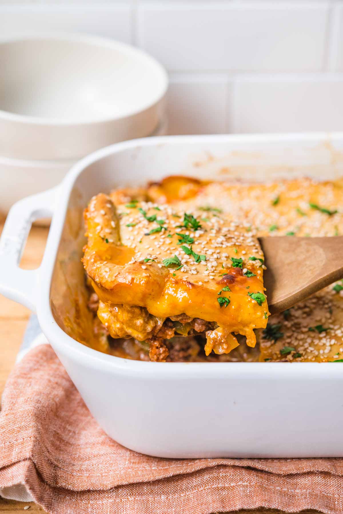 Sloppy Joe Casserole serving on spatula