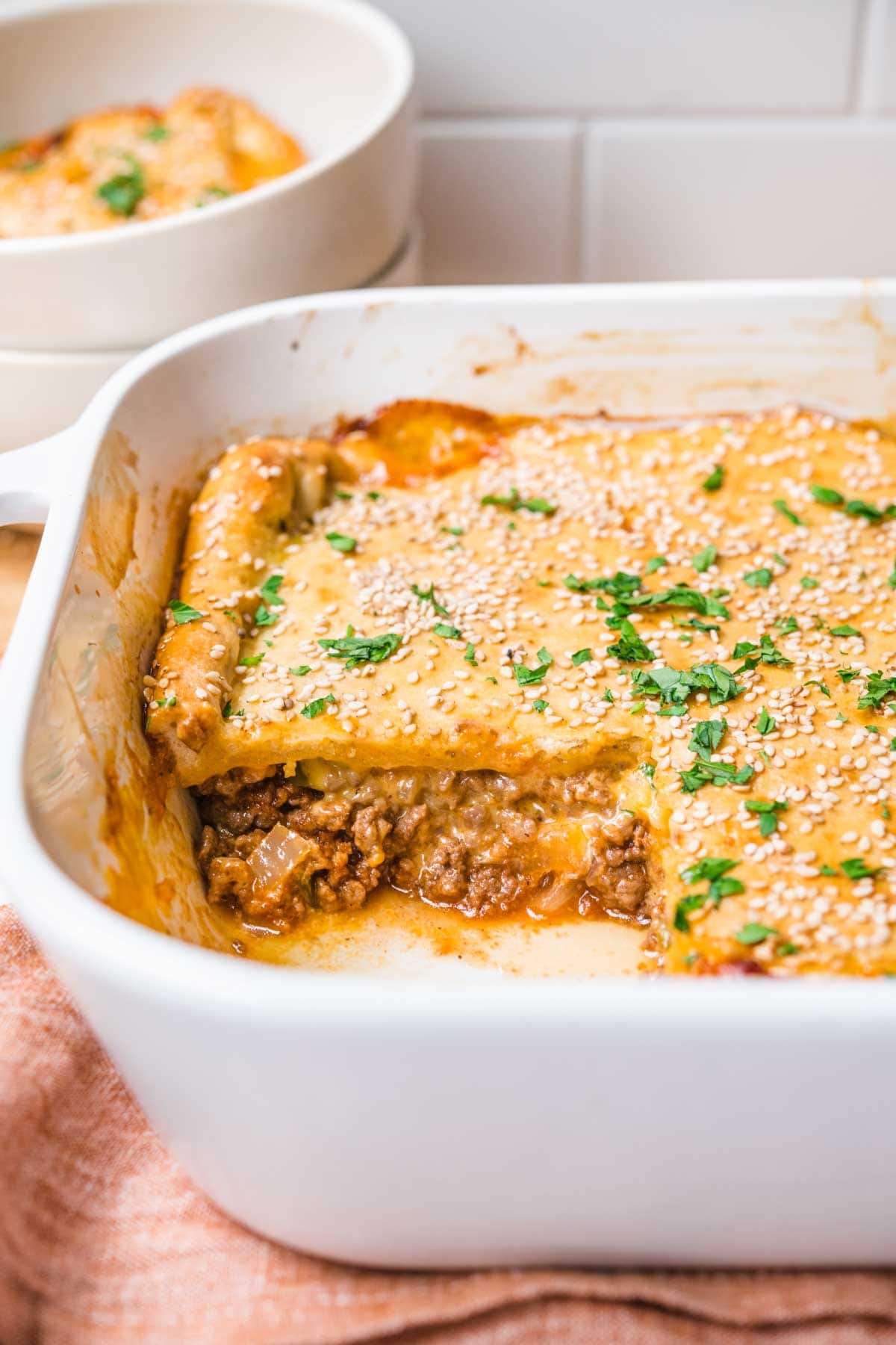 Sloppy Joe Casserole cross-section in baking dish