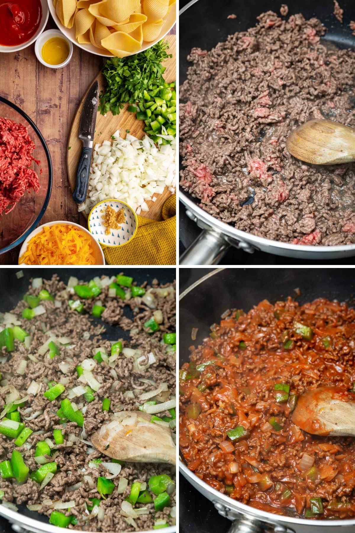 Sloppy Joe Pasta Collage of prep steps