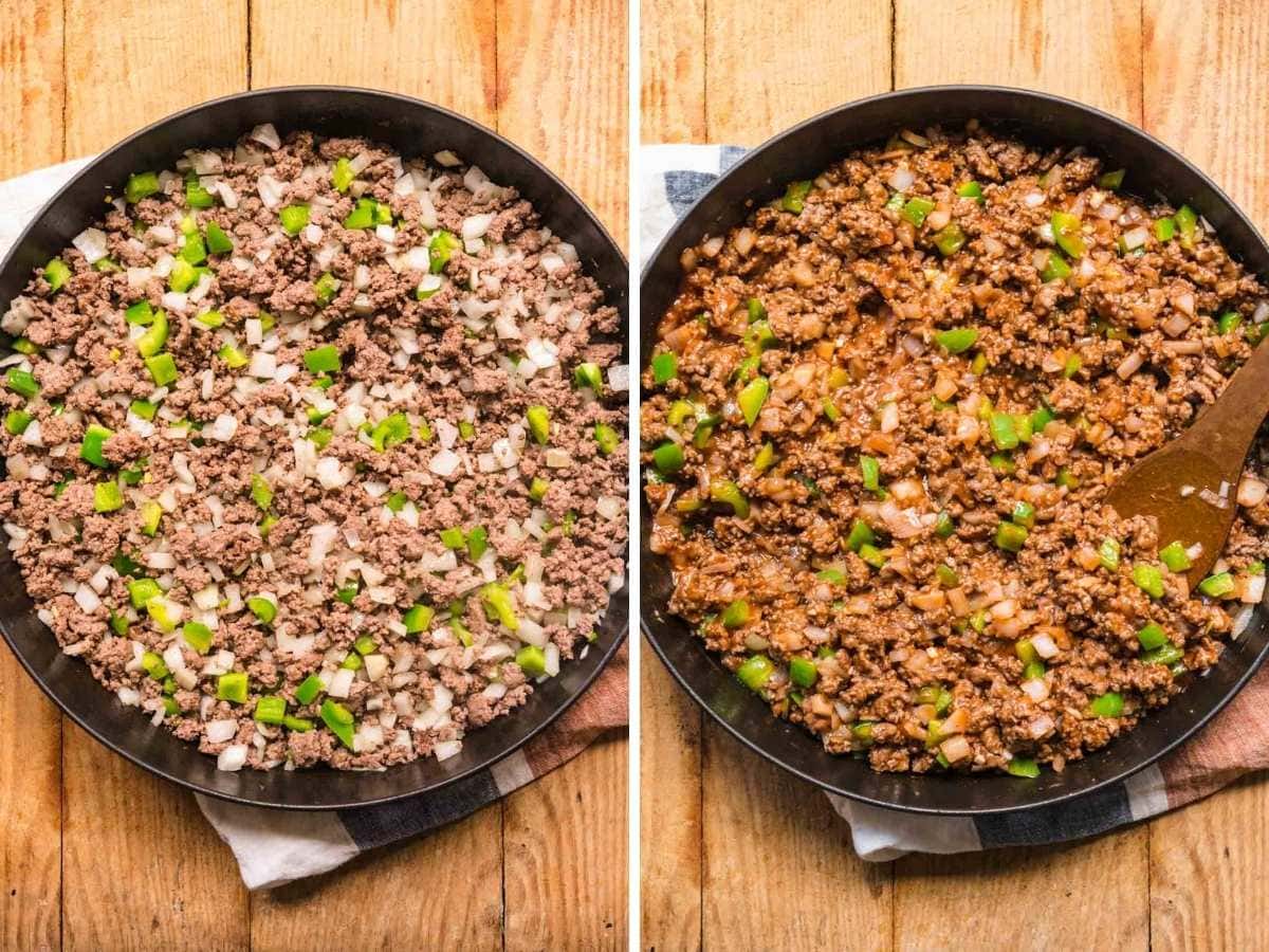 Sloppy Joe Casserole filling before and after cooking