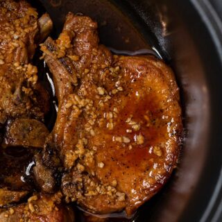 close-up of Slow Cooker Brown Sugar Garlic Pork in crock pot