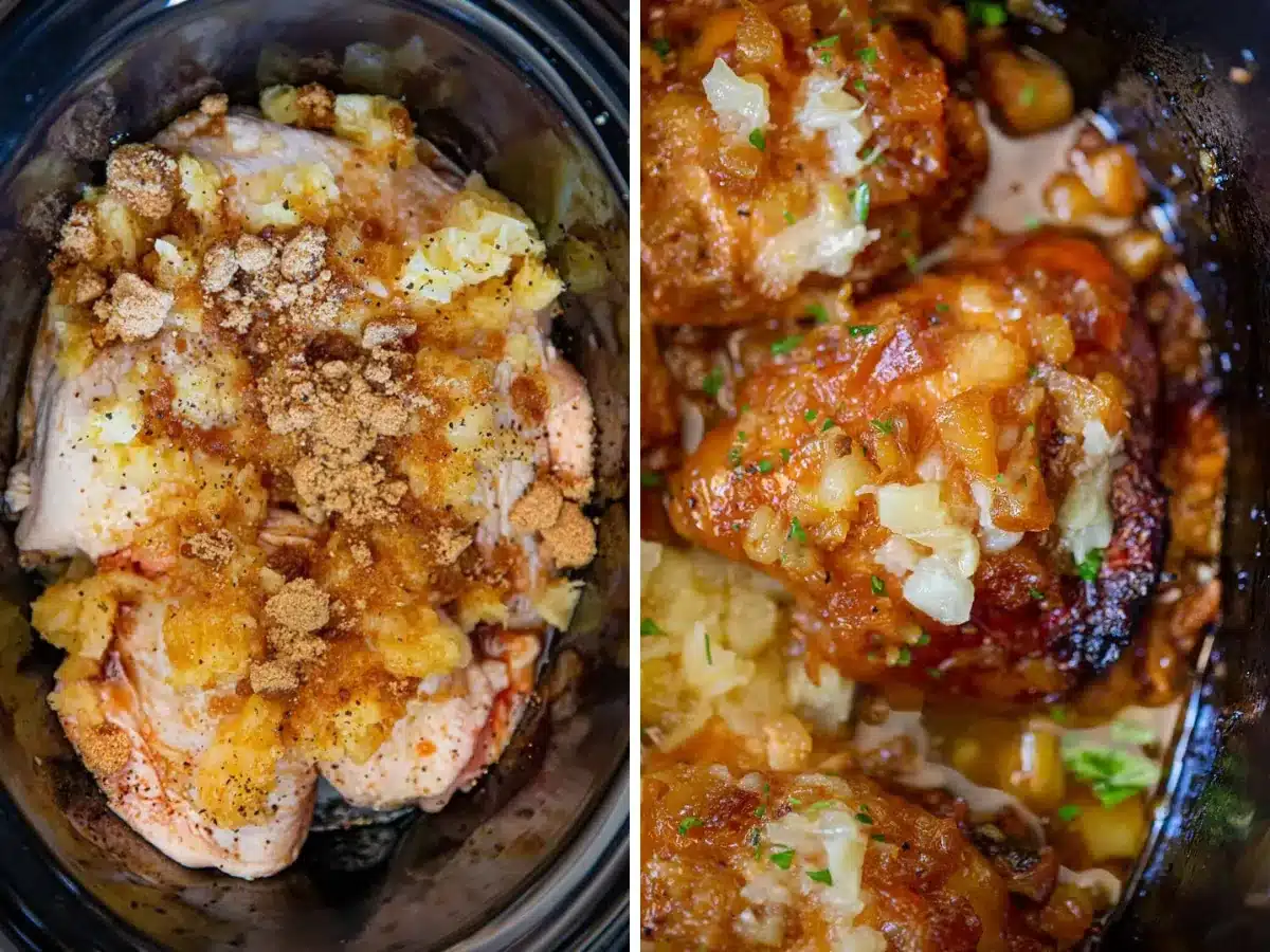 collage of chicken in slow cooker before cooking and close up of finished dish