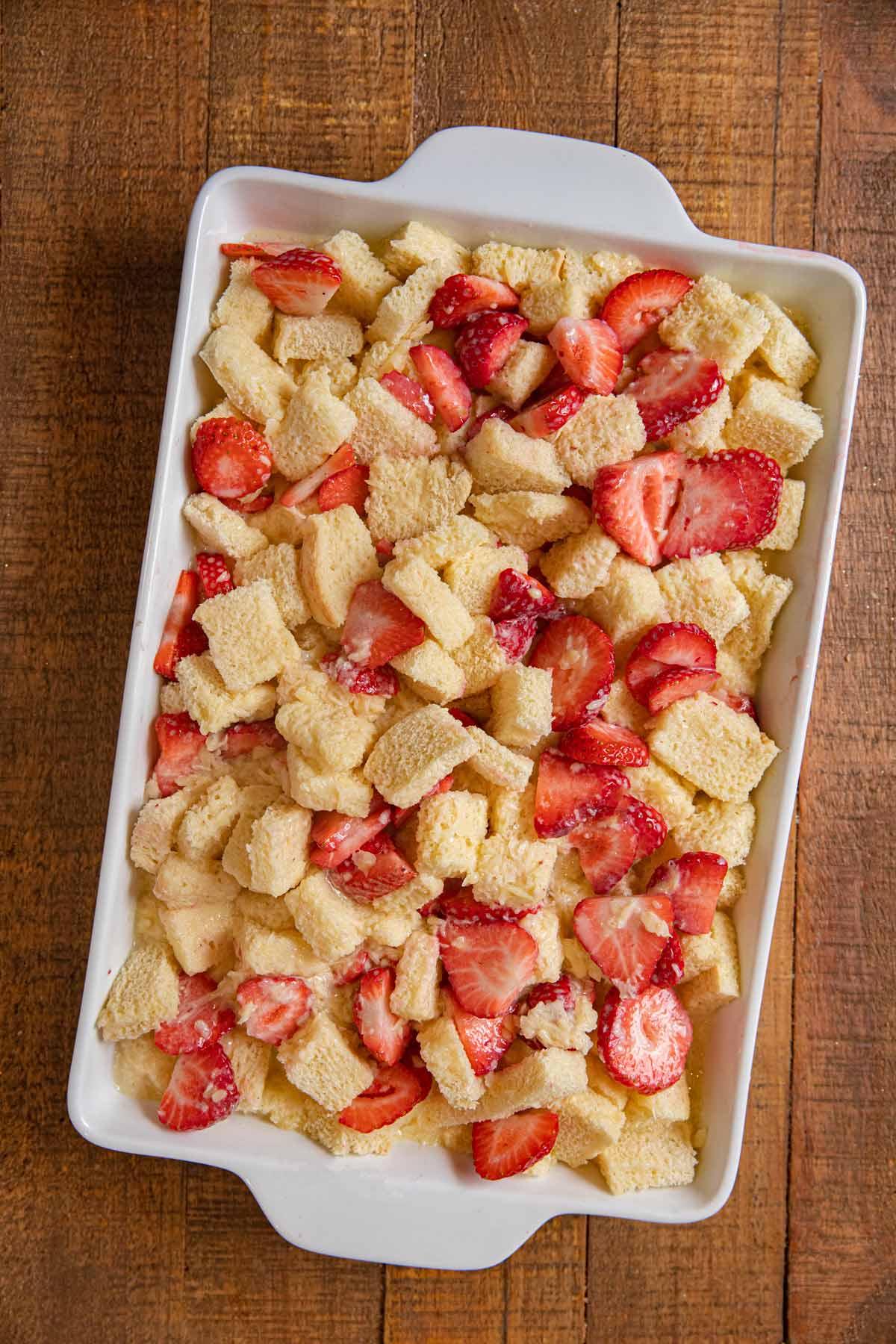 Strawberry Nutella Bread Pudding in baking dish before baking