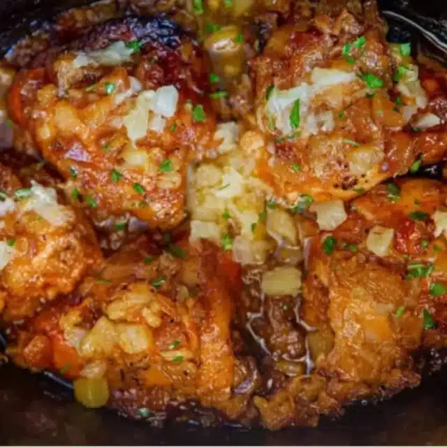Slow Cooker chicken finished in the crockpot.