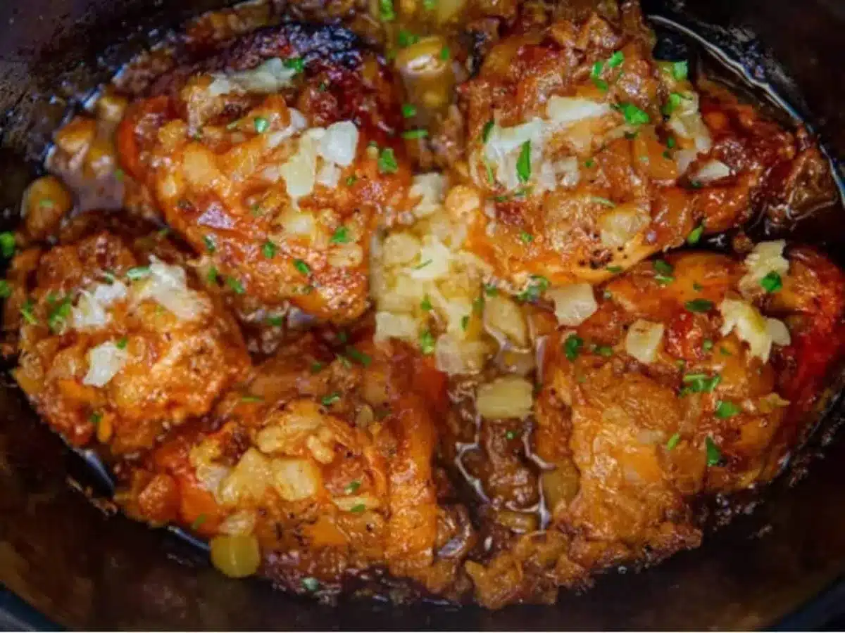 Slow Cooker chicken finished in the crockpot.