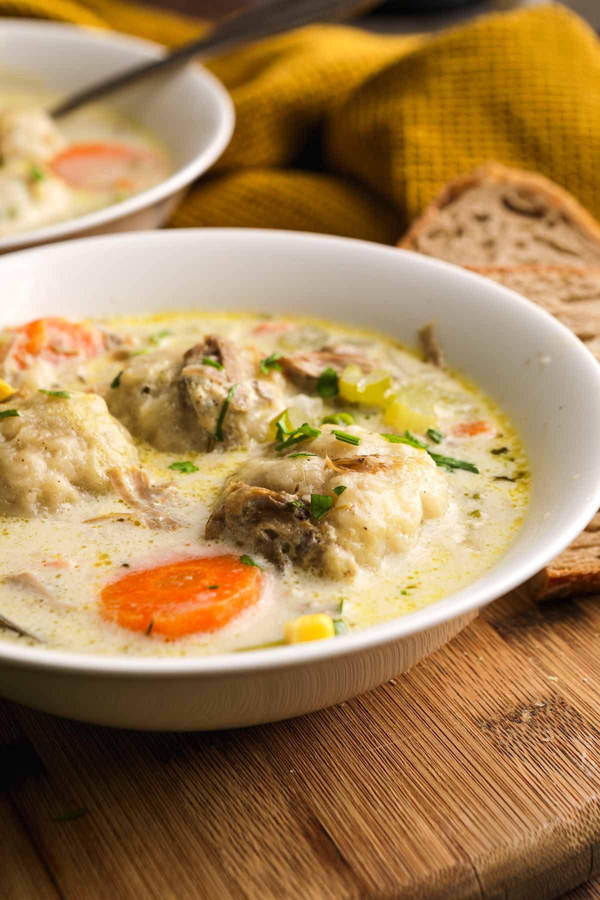 Turkey Dumpling Soup in serving bowl